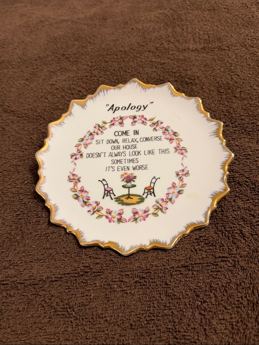 Vintage Made in Japan “Apology” Humorous Wall Plate Gold Trim
